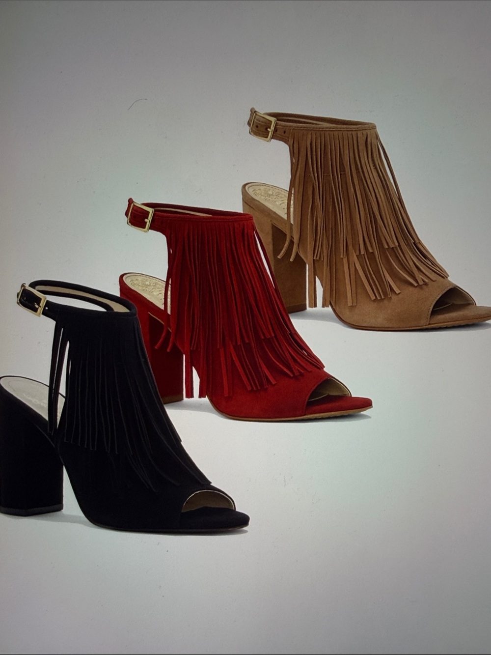 Vince Camuto Winveer Red Suede Fringe Peep-Toe Block Heels Size 10 - Picture 9 of 9